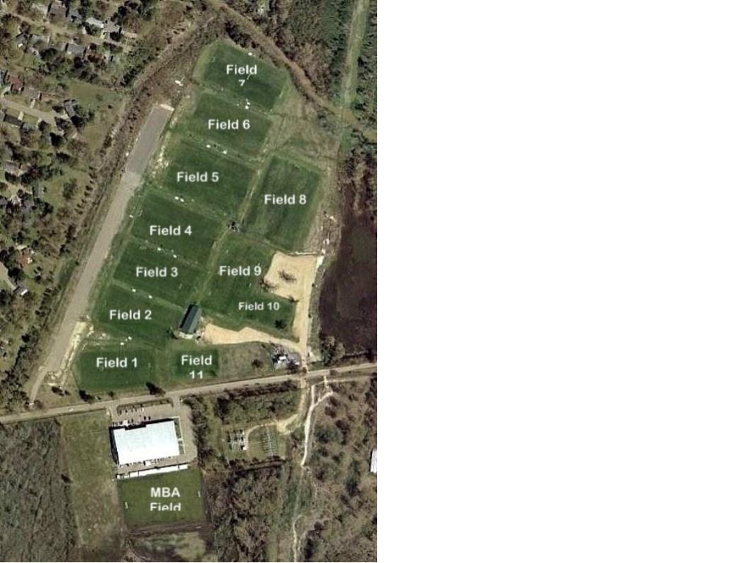 Aerial map of the JFC complex showing Fields 1 through 11 and the MBA Field